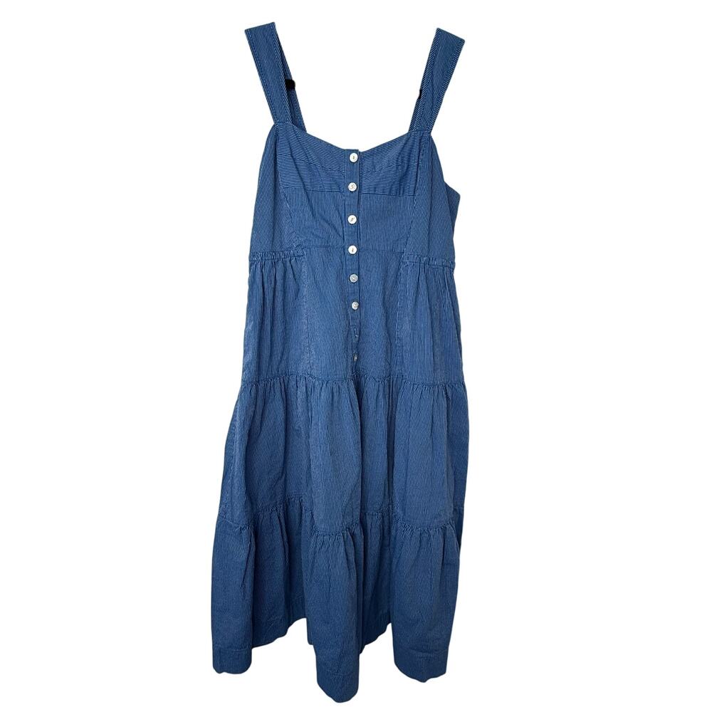 Madewell Tiered Button Front Midi Dress Blue Stripe Cotton 4P Petite Cottage - Picture 3 of 14